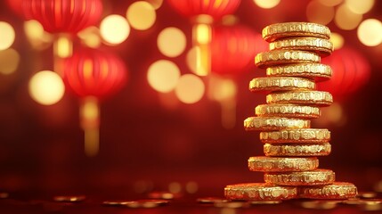 Obraz premium Golden Coins with Lanterns and Mooncakes