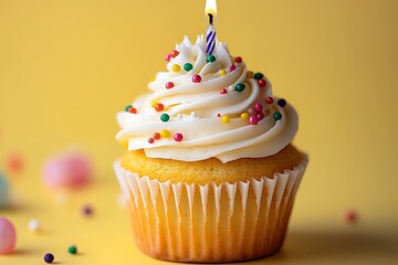 Celebration cupcake with vanilla frosting sprinkles and a lit birthday candle
