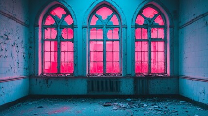 Abandoned Church Interior with Broken Windows at Night