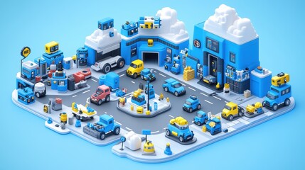 Pixelated urban landscape with miniature vehicles and architectu