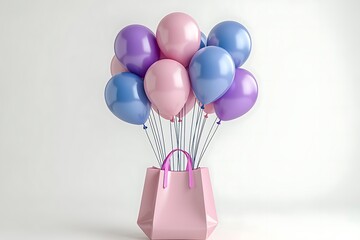 Pink shopping bag with colorful balloons floating against a light background for celebration