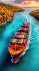 river, autumn, sunset, waterway, foliage, transport, shipping, freight, containers, navigation, landscape, tranquility, colorful, nature, perspective, journey, travel, industry, logistics, maritime, r
