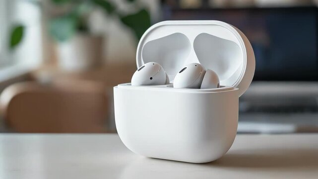 White wireless earbuds in charging case on table