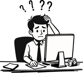 Vector cartoon stick figure drawing conceptual illustration of Confusing writer, man or businessman typing or working on computer