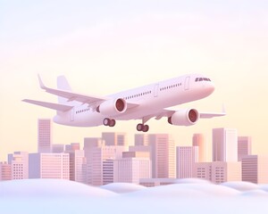 A white airplane descends above a stylized city skyline at dawn,  creating a serene and peaceful scene