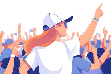 A woman in a white shirt and cap points excitedly at a cheering crowd