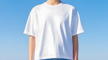 A woman models a plain white, short-sleeved, oversized t-shirt against a bright blue sky.  The shirt is boxy and falls loosely