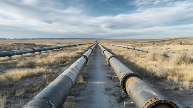 Parallel pipelines extend across a dry landscape under a cloudy sky.