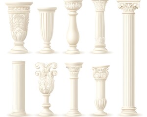 Obraz premium Collection of classical white columns and vases, varying in style and design, showcasing intricate details and elegant proportions