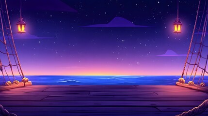 Night scene of ocean view from wooden dock with hanging lanterns