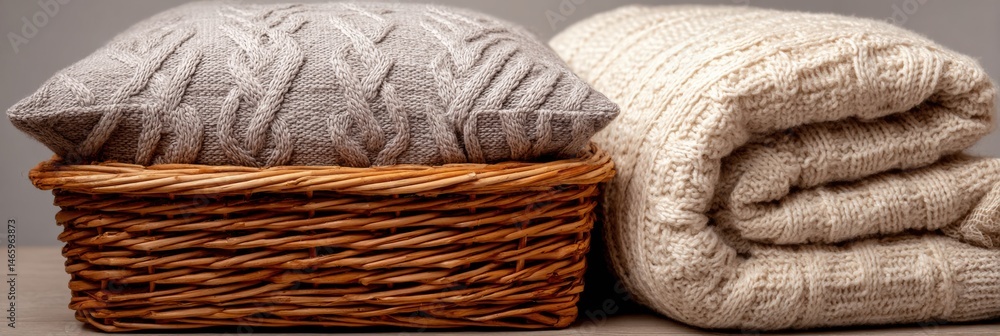 Poster cozy blankets and pillows neatly arranged in a woven basket with space for additional items nearby g