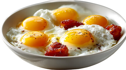 Fried Eggs with Seasoning and Meat in a Bowl