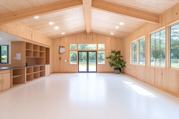 Spacious, bright room with wood-paneled walls, a high ceiling, and large windows offering a view of greenery.  White flooring completes the airy feel