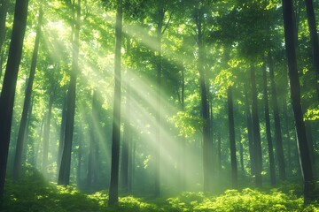 Sunbeams pierce a lush, green forest, illuminating the misty undergrowth and tall trees