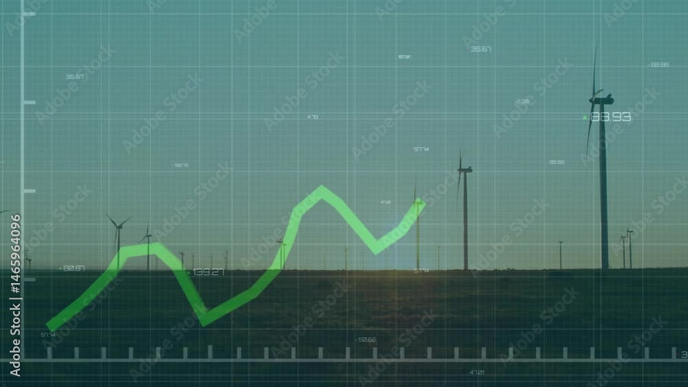 Poster green line chart trending across grid over glowing sunset with turbines and numeric labels