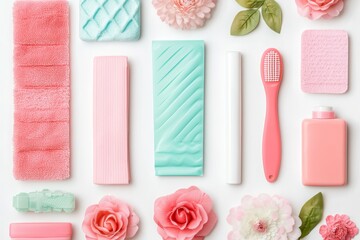 Pastel Hygiene Care Items on White Background