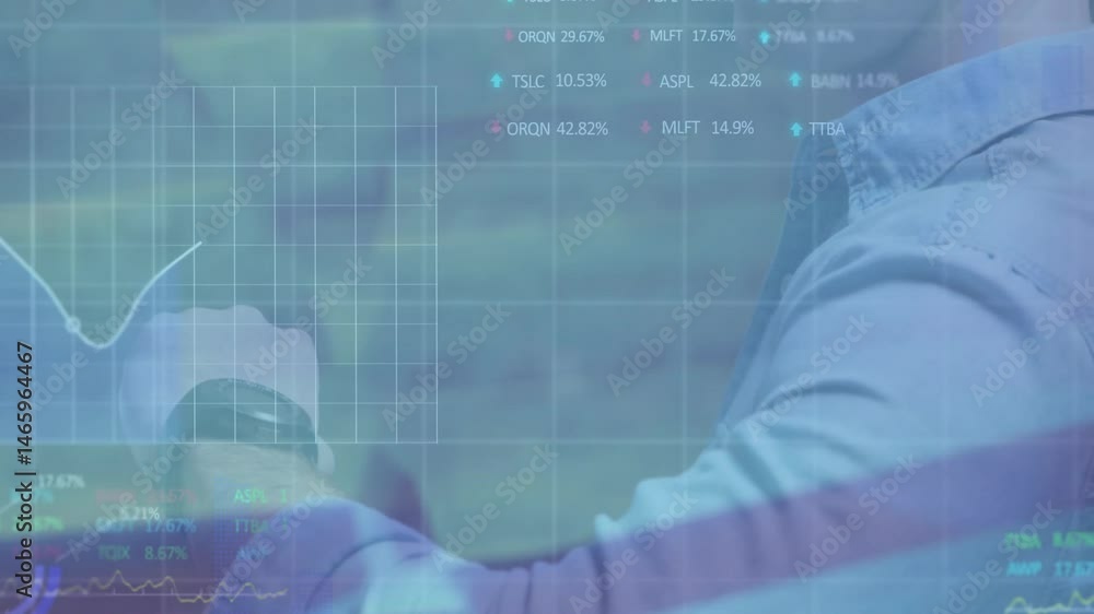 Aufkleber man tapping smartwatch screen while digital interface displaying finance line charts arrows tickers