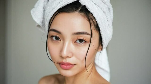 Portrait of a beautiful Asian woman with a towel on her head looking at the camera