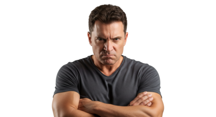 Man with crossed arms and an angry expression wearing a gray shirt looking at the camera directly on transparent background
