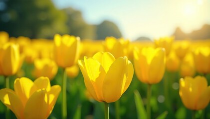Fototapeta premium Field of sunny yellow tulips, bright sunlight, outdoor, tulips