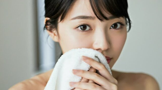 Close-up of a beautiful Asian woman holding a towel to her face
