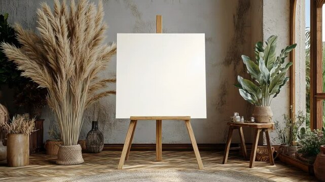Blank canvas on easel in a bohemian-style room with plants
