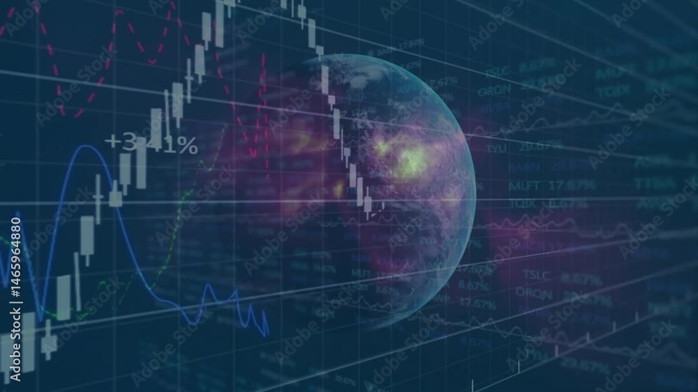 Poster translucent earth globe rotating on grid, showing white candlestick bars and multicolor line graphs