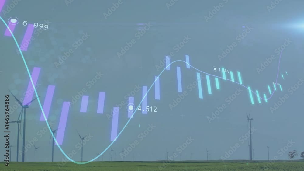 Poster wind turbine standing left of center showing cyan bar charts, flowing line graph over field