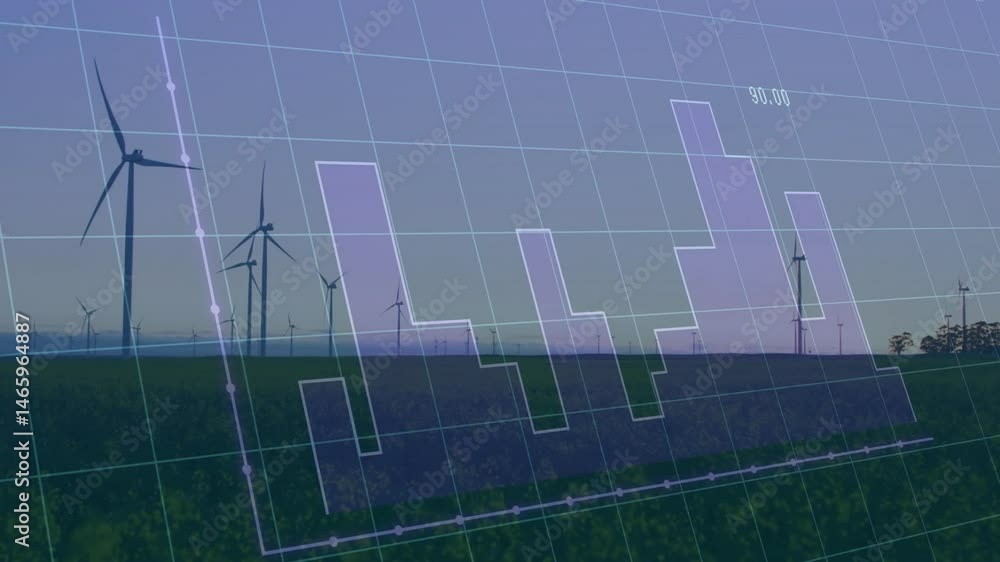 Poster purple bar chart and line graph overlay displaying energy data trends over wind turbine field