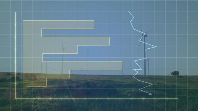 Wind energy data being visualized on grassy hillside grid, showing turbines, bar chart, line graph