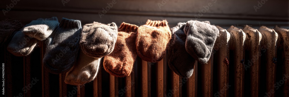 Poster wool mittens are drying on an old radiator with warm backlight illuminating their textures and color