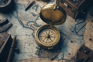 Vintage brass compass on antiquated map