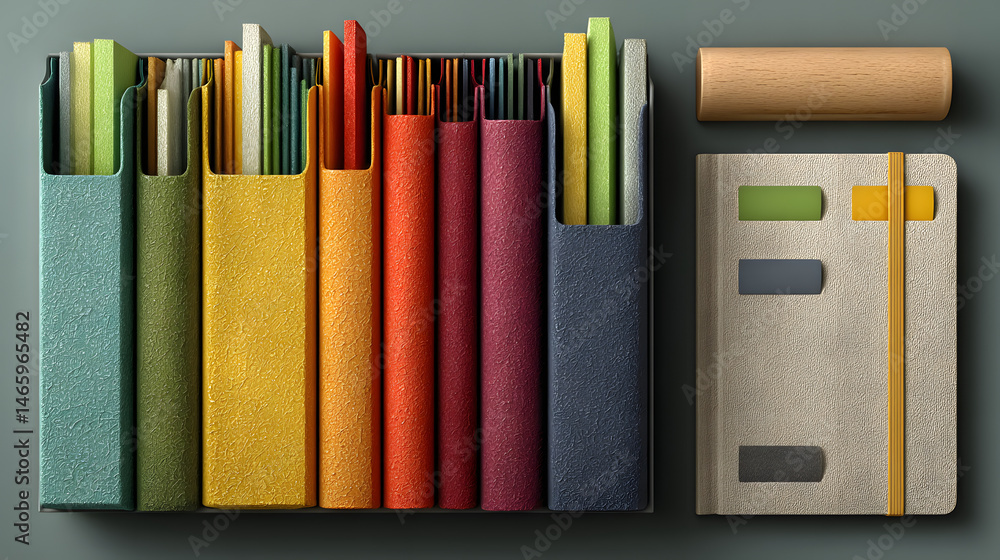 Poster organized workspace colorful file folders and notebook