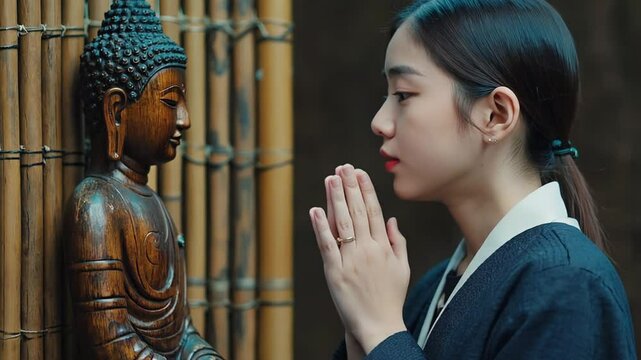 Serene Woman in Kimono Celebrating Buddha Birthday
