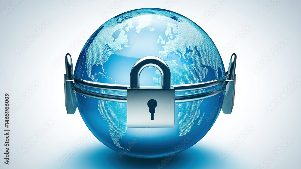 Poster a blue globe with a lock on it. the lock is on the globe and it is surrounded by two keys