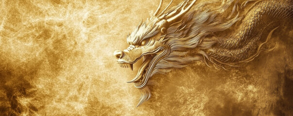 A gold dragon with a long tail and a mouth full of teeth. The dragon is surrounded by a golden background