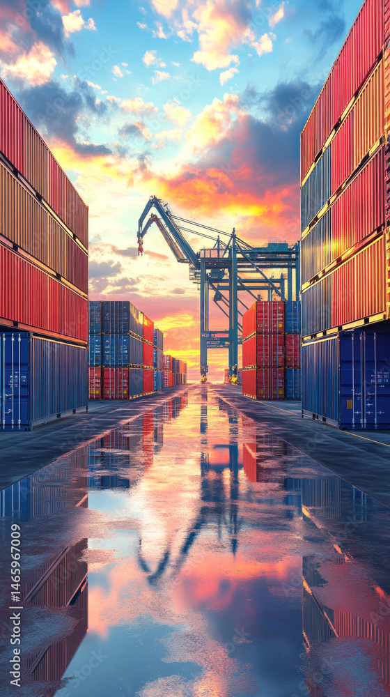 Poster a large crane is in the background of a large container yard. the sky is orange and the water is ref