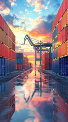 A large crane is in the background of a large container yard. The sky is orange and the water is reflecting the sky