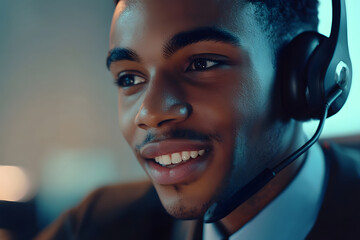 Focused close-up of professional agent at modern desk, talking through headset and typing on keyboard, offering friendly customer service and real-time support in digital workspace.