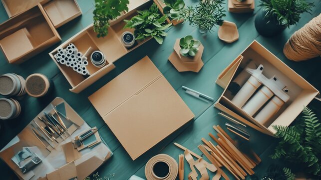 Eco-friendly products and materials organized on a teal surface for a sustainable lifestyle