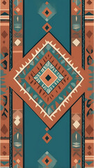 Geometric composition with Andean textile motifs, terracotta and teal color palette, flat design with minimalist Inca-inspired borders