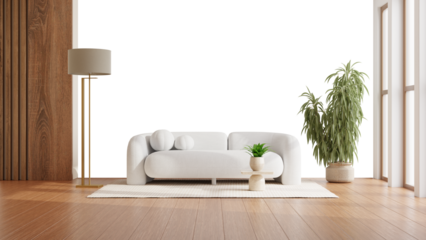 Minimal white sofa with floor lamp and indoor plant– 3D PNG on transparent background