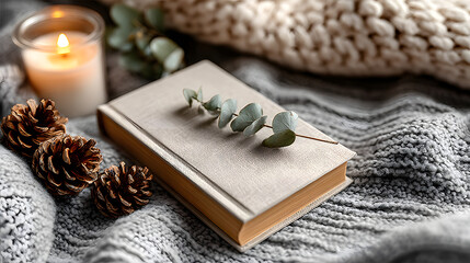 Fototapeta premium Cozy Autumn Vibes Book, Candle, and Knit Blanket Scene