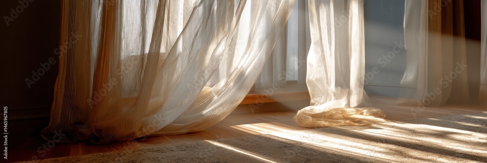 Poster Soft Sheer Curtain Gently Blowing in a Sunlit Room Creating a Warm and Inviting Atmosphere During Mid-Morning Hours Generative AI