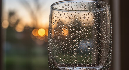 Close-up view of a clear glass covered in water droplets, with a blurred background showing a warm sunset or sunrise light and bokeh