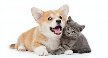 Obraz premium Adorable Corgi Puppy and Gray Kitten Cuddling on White Background