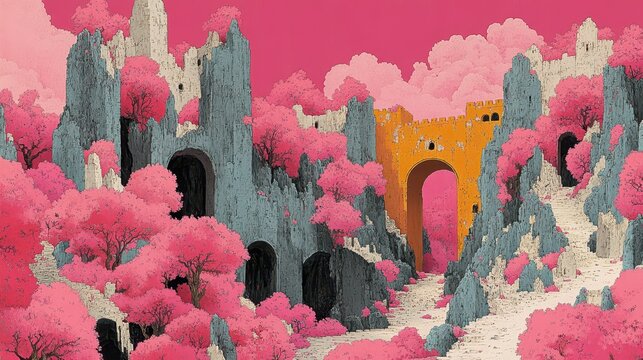 Surreal infrared landscape with ancient ruins and dreamlike blos