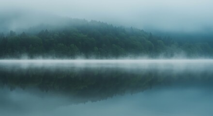 Fototapeta premium Lake and Forest Landscape with Fog and Reflections
