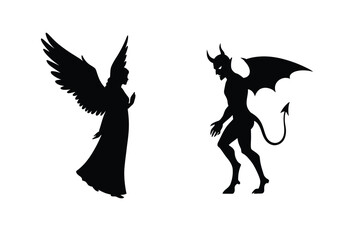 Angel and devil silhouette. This image shows a black design of an angel and devil in silhouette form, representing the duality and contrast between good and evil.  clipart illustration design.