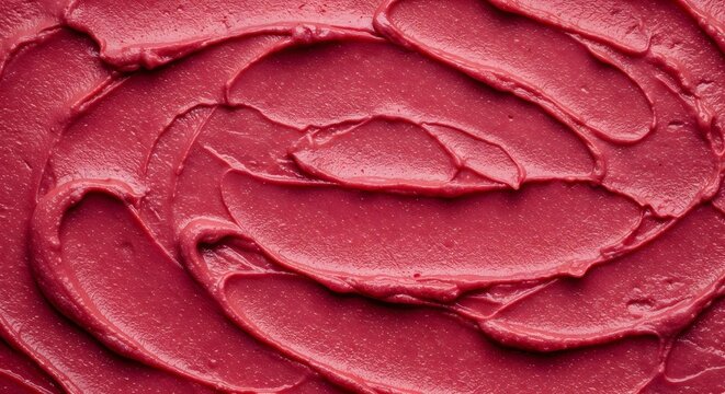 Close-up of vibrant red frosting swirled atop ice cream, evoking a summer treat with rich texture and color